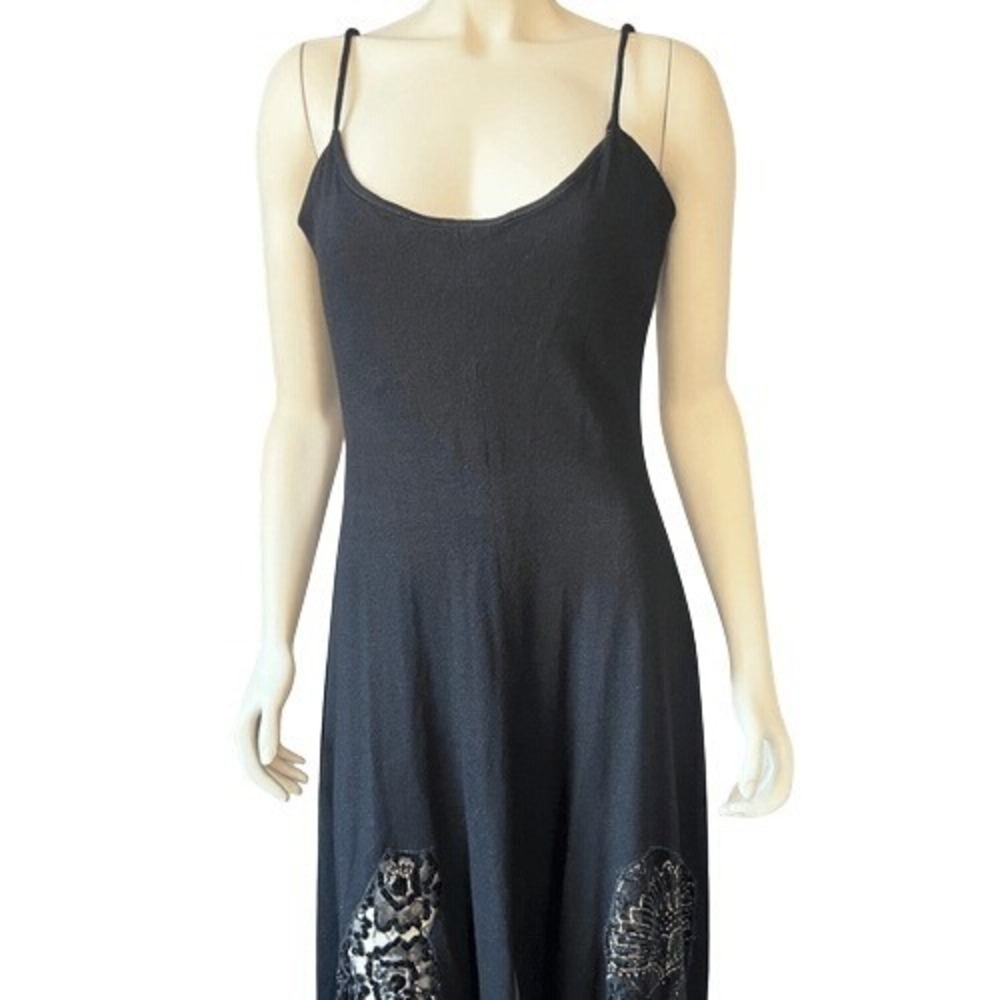 VTG Y2K Yoly Muñoz Black Maxi Dress Size 10 Sheer Lace Gold Sequin Metallic